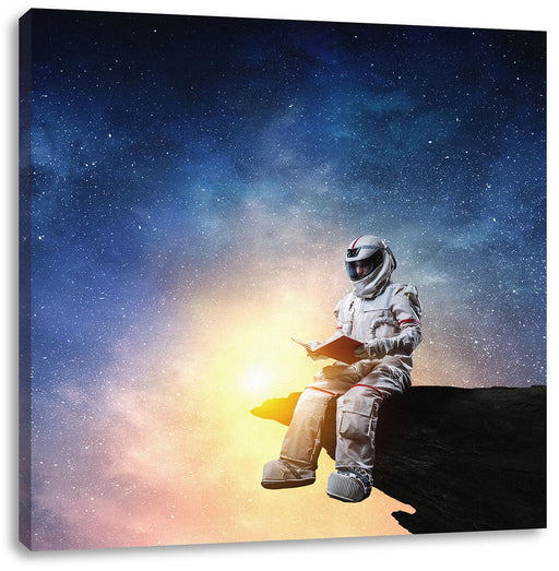 Lesender Astronaut auf Vorsprung vor Galaxie Leinwanbild Quadratisch