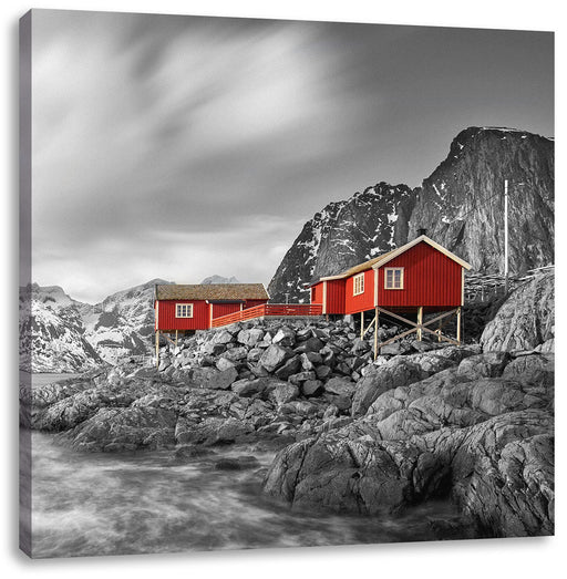 Einsames rotes Haus am Meer in Norwegen B&W Detail Leinwanbild Quadratisch