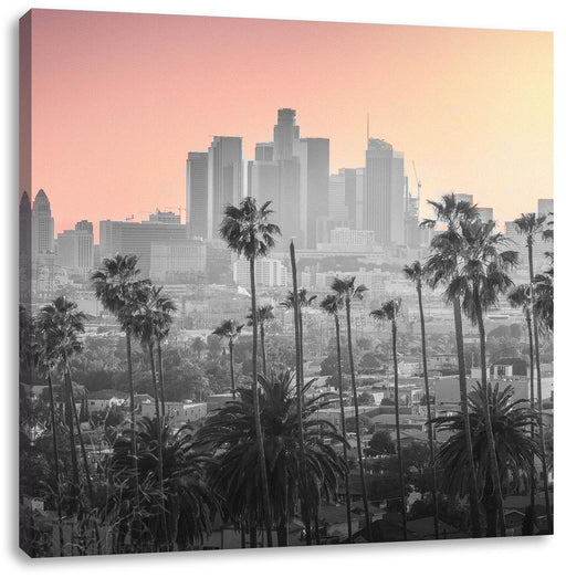 Palmen vor Skyline von Los Angeles B&W Detail Leinwanbild Quadratisch