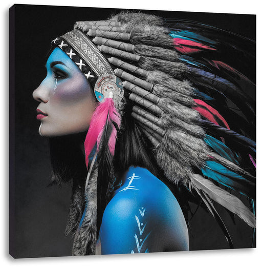 Frau mit buntem indianischen Kopfschmuck B&W Detail Leinwanbild Quadratisch