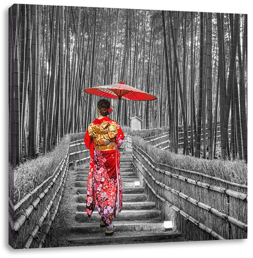 Frau im janapischen Kimono im Bambuswald B&W Detail Leinwanbild Quadratisch