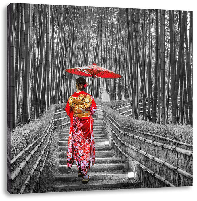 Frau im janapischen Kimono im Bambuswald B&W Detail Leinwanbild Quadratisch