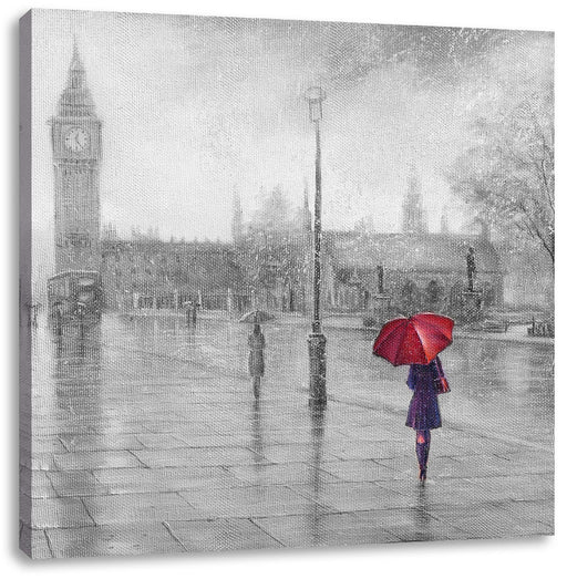 Regentag in London mit Big Ben B&W Detail Leinwanbild Quadratisch