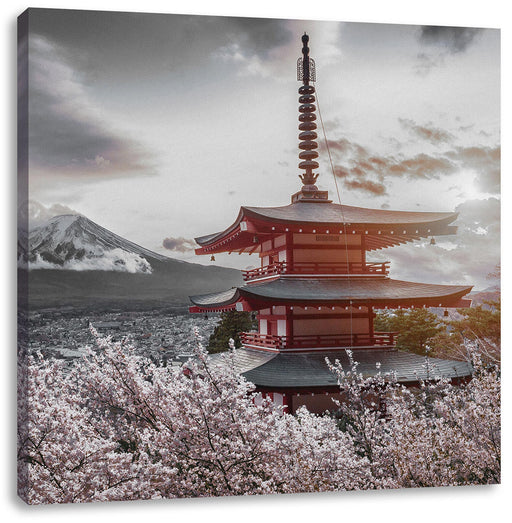 Japanischer Tempel zwischen Kirschblüten B&W Detail Leinwanbild Quadratisch