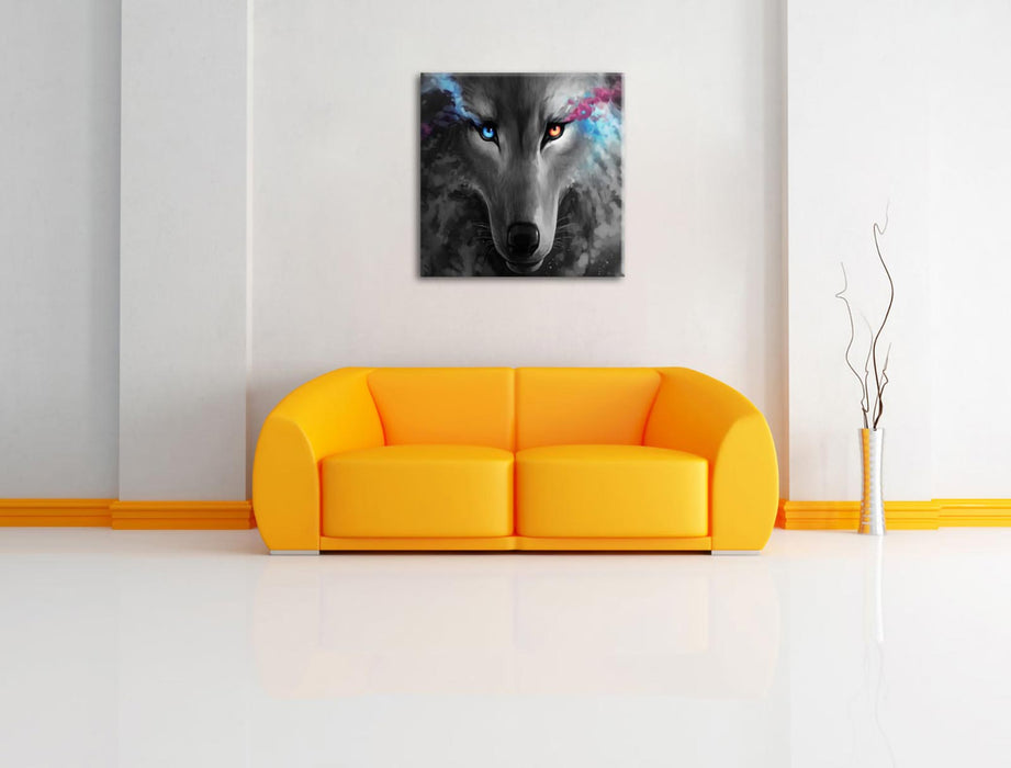 Abstrakter Wolf mit rauchenden Augen B&W Detail Leinwanbild Wohnzimmer Quadratisch