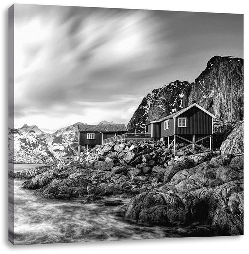 Einsames rotes Haus am Meer in Norwegen, Monochrome Leinwanbild Quadratisch