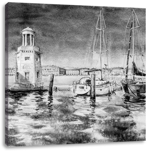 Segelschiffe im Hafen Venedigs, Monochrome Leinwanbild Quadratisch