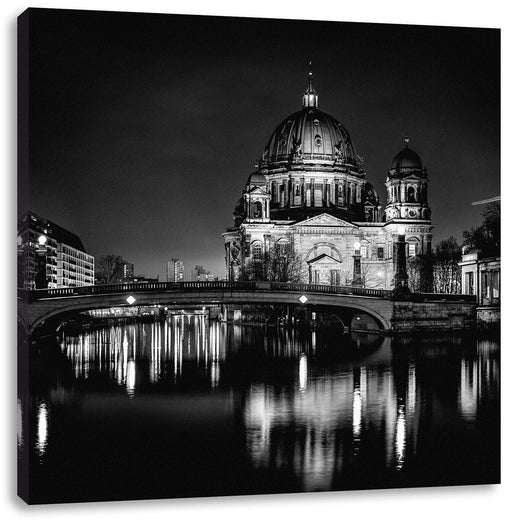 Berliner Dom an der Spree bei Nacht, Monochrome Leinwanbild Quadratisch