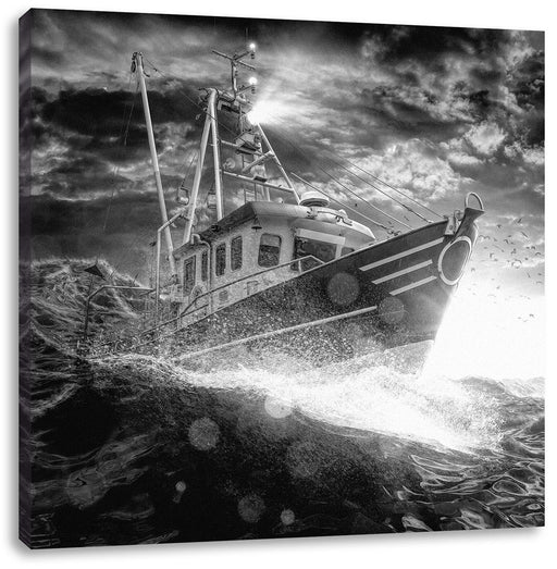 Fischerboot im Sturm auf hoher See, Monochrome Leinwanbild Quadratisch