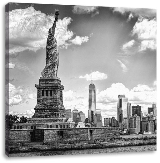 Freiheitsstatue mit New Yorker Skyline, Monochrome Leinwanbild Quadratisch