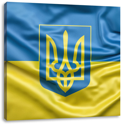 Ukraine Flagge mit Wappen Leinwandbild Quadratisch