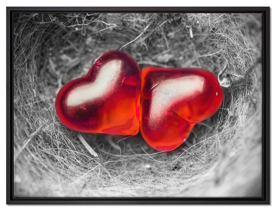 zwei Herzen in kleinem Nest auf Leinwandbild gerahmt Größe 80x60