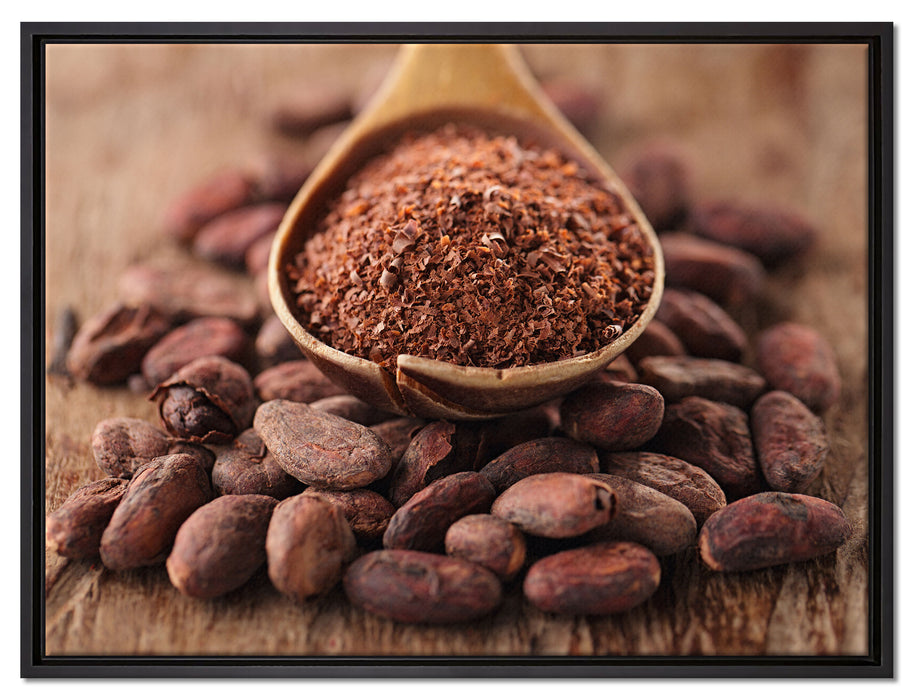 Kakaopulver und Kakaobohnen auf Leinwandbild gerahmt Größe 80x60