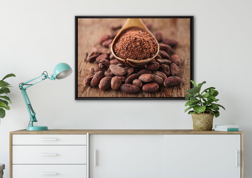 Kakaopulver und Kakaobohnen auf Leinwandbild gerahmt verschiedene Größen im Wohnzimmer