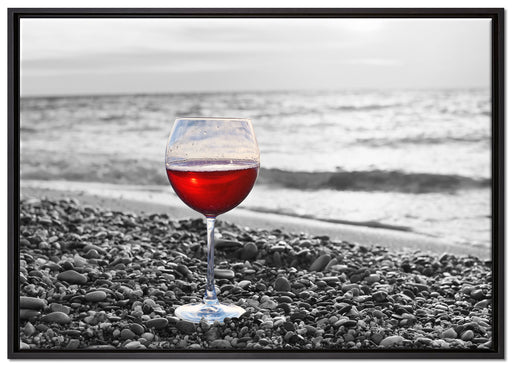 Weinglas am Strand auf Leinwandbild gerahmt Größe 100x70