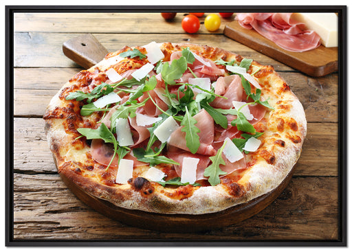 Prosciutto Pizza auf Holztisch auf Leinwandbild gerahmt Größe 100x70