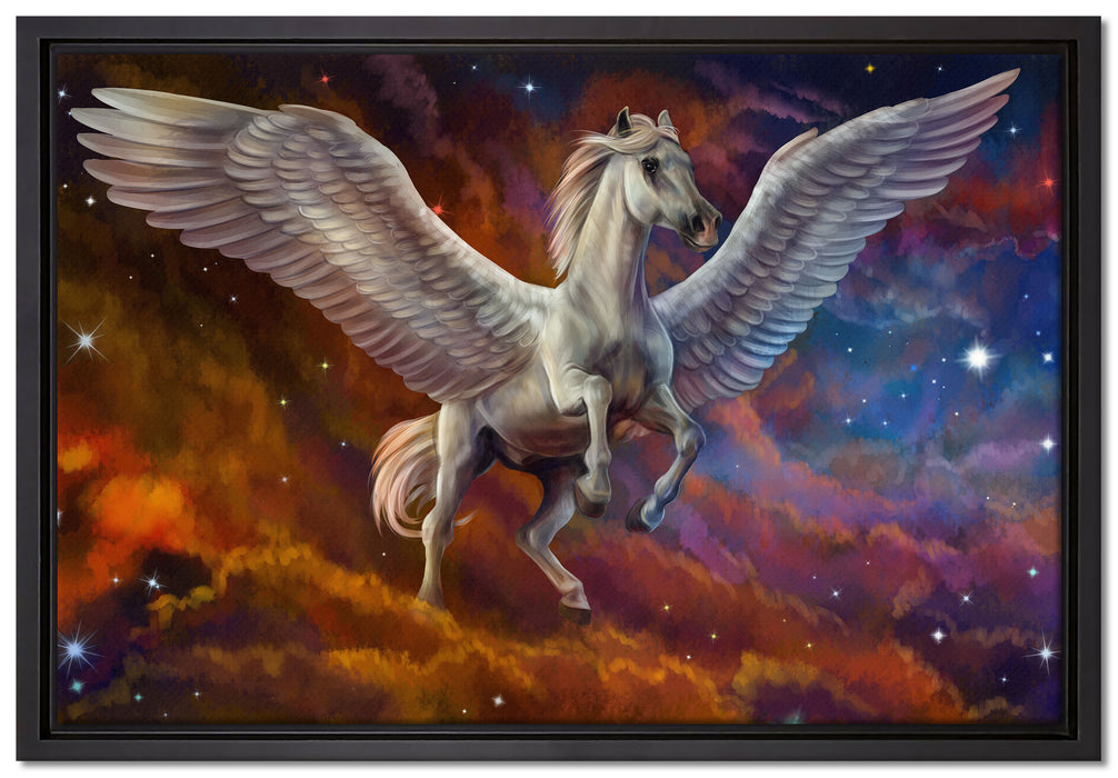 Weißer Pegasus mit Engelsflügel auf Leinwandbild gerahmt Größe 60x40