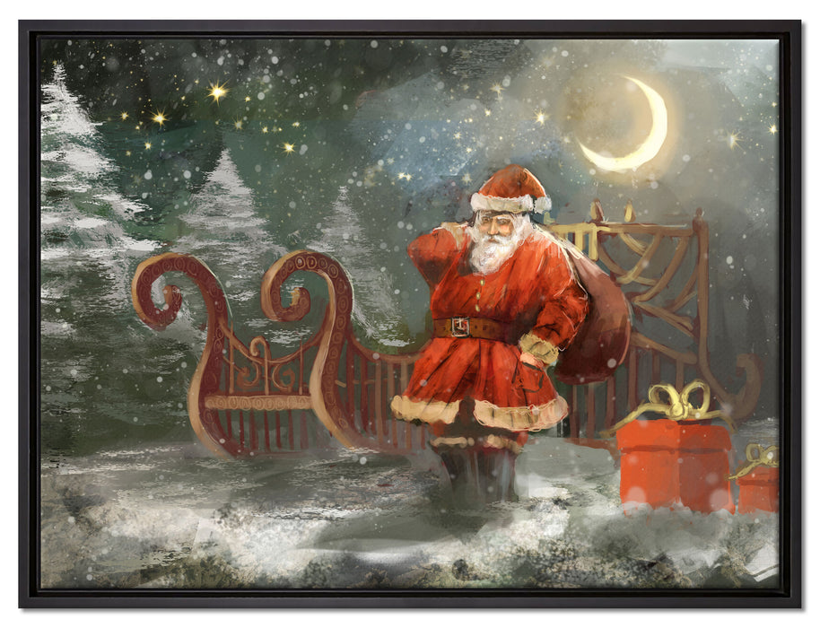 Weihnachtsmann mit Geschenken auf Leinwandbild gerahmt Größe 80x60