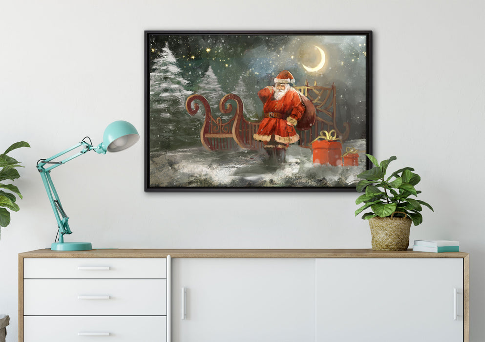 Weihnachtsmann mit Geschenken auf Leinwandbild gerahmt verschiedene Größen im Wohnzimmer