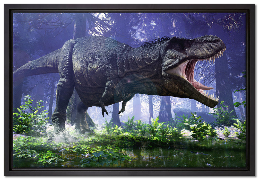 T-Rex Dinosaurier im Wald auf Leinwandbild gerahmt Größe 60x40