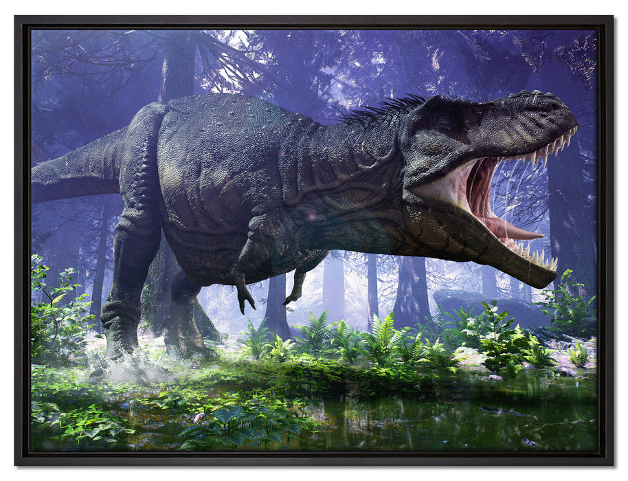T-Rex Dinosaurier im Wald auf Leinwandbild gerahmt Größe 80x60