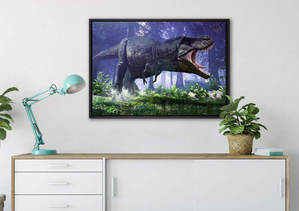T-Rex Dinosaurier im Wald auf Leinwandbild gerahmt verschiedene Größen im Wohnzimmer