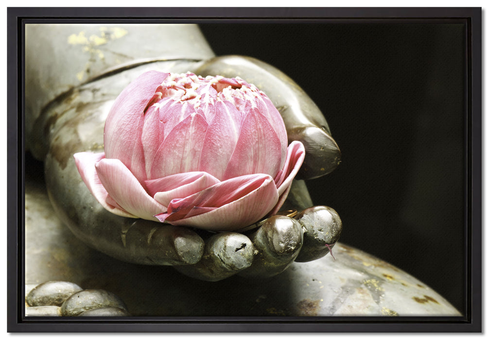 Lotus auf der Hand eines Buddhas auf Leinwandbild gerahmt Größe 60x40