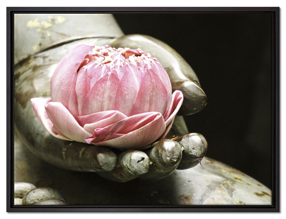 Lotus auf der Hand eines Buddhas auf Leinwandbild gerahmt Größe 80x60
