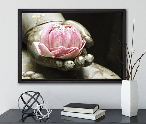 Lotus auf der Hand eines Buddhas auf Leinwandbild gerahmt mit Kirschblüten