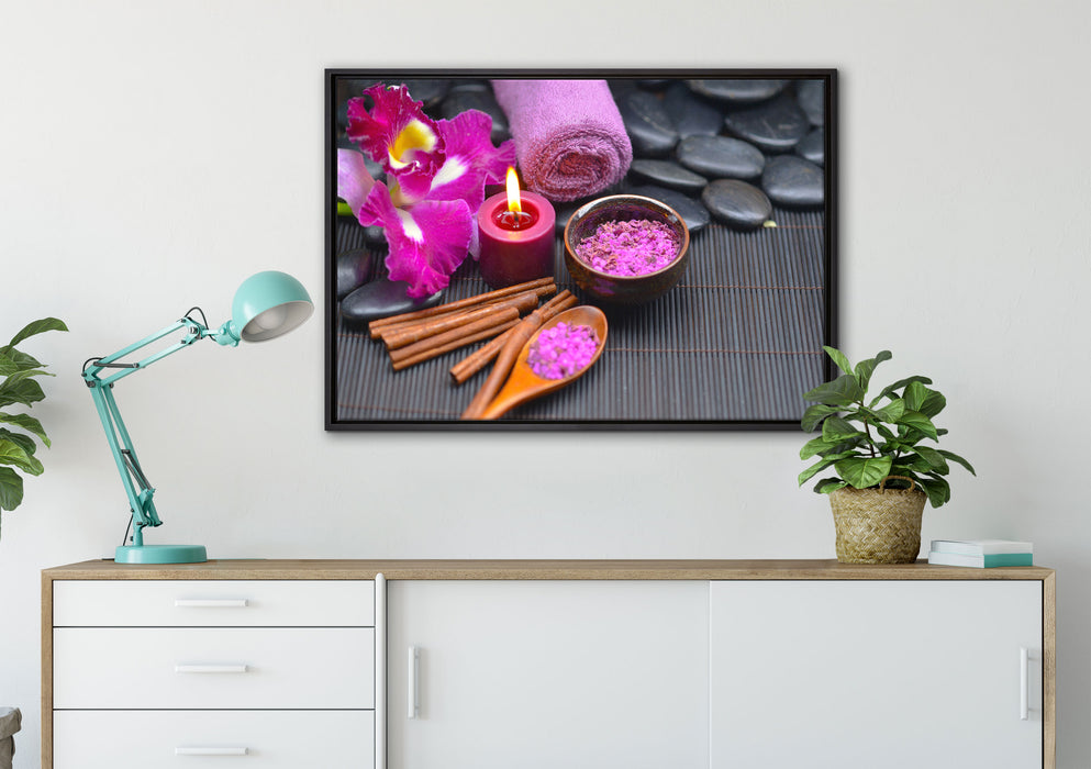 Wellness Orchideenblüte auf Leinwandbild gerahmt verschiedene Größen im Wohnzimmer