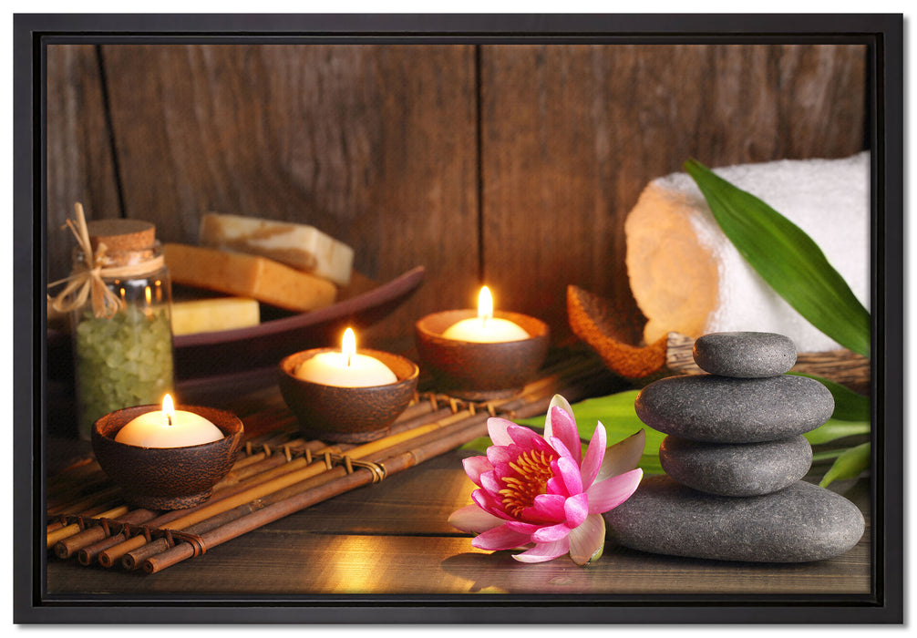 Kerzen mit Zen Steinen und Seerose auf Leinwandbild gerahmt Größe 60x40
