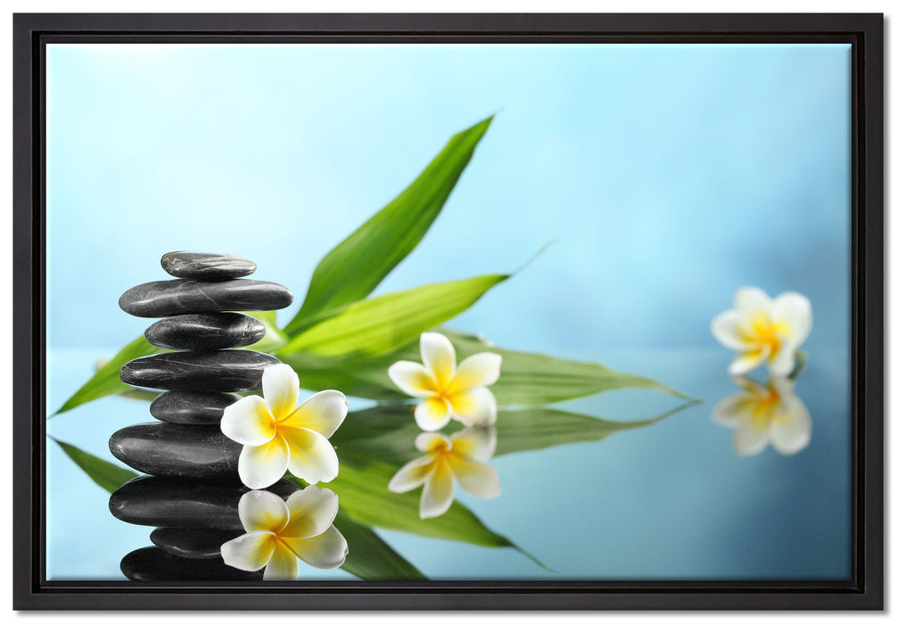 Zen Steinturm Monoi Blüten auf Leinwandbild gerahmt Größe 60x40