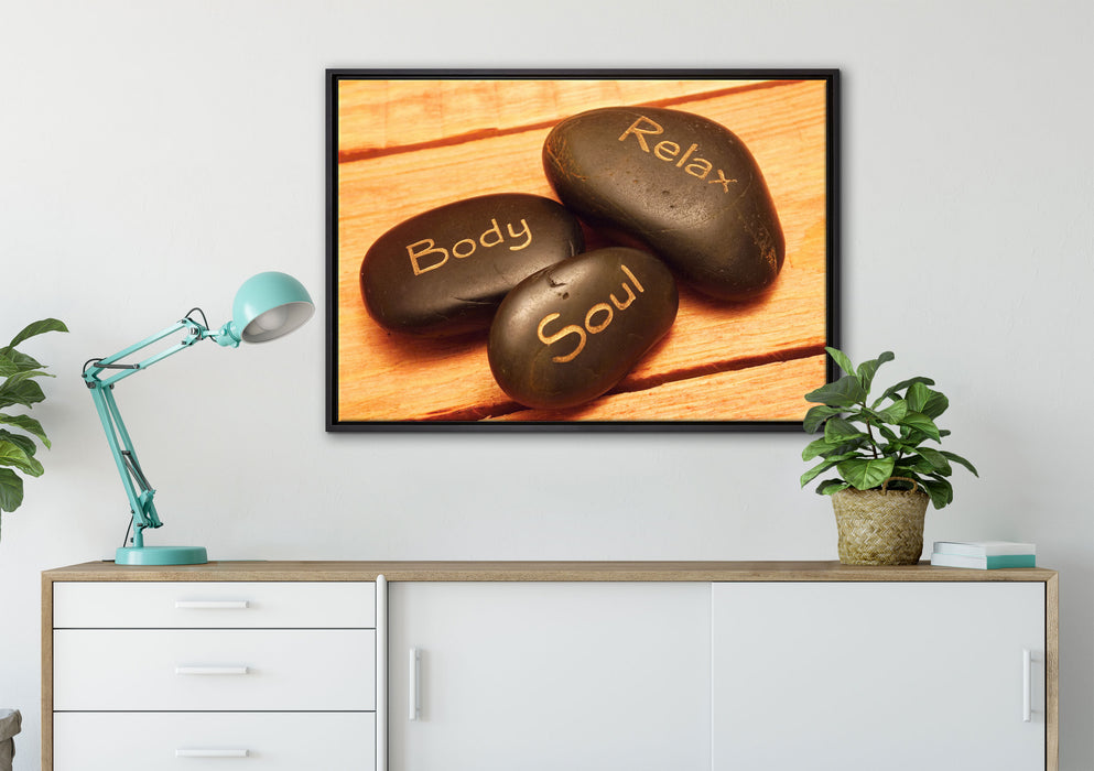 Wellness Body Soul Relax auf Leinwandbild gerahmt verschiedene Größen im Wohnzimmer