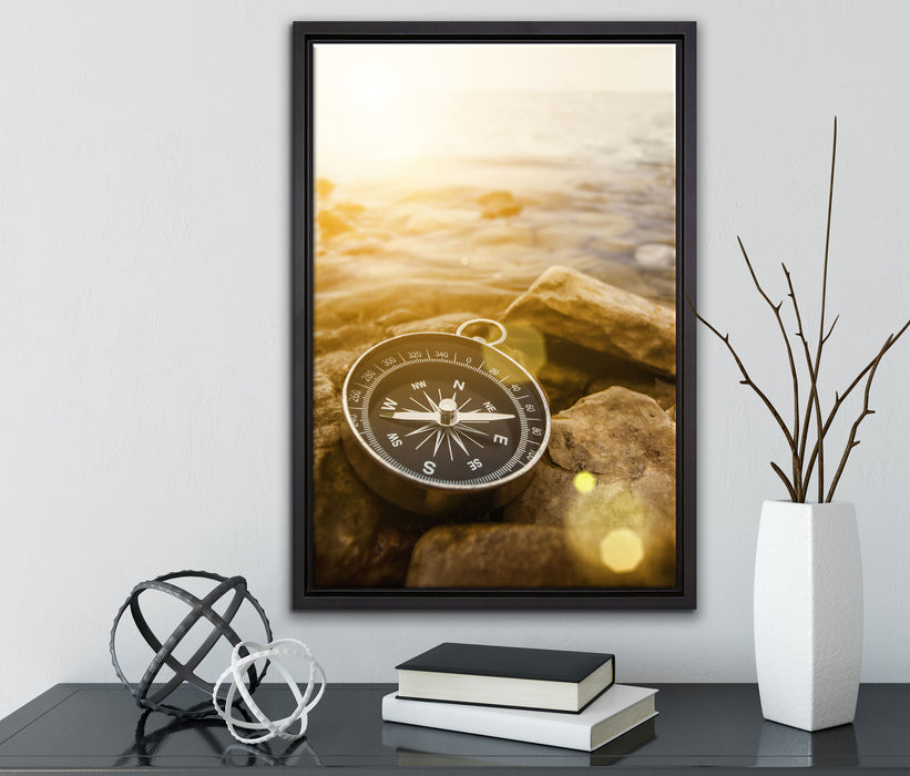 Kompass auf Steinen Reiselust auf Leinwandbild gerahmt mit Kirschblüten