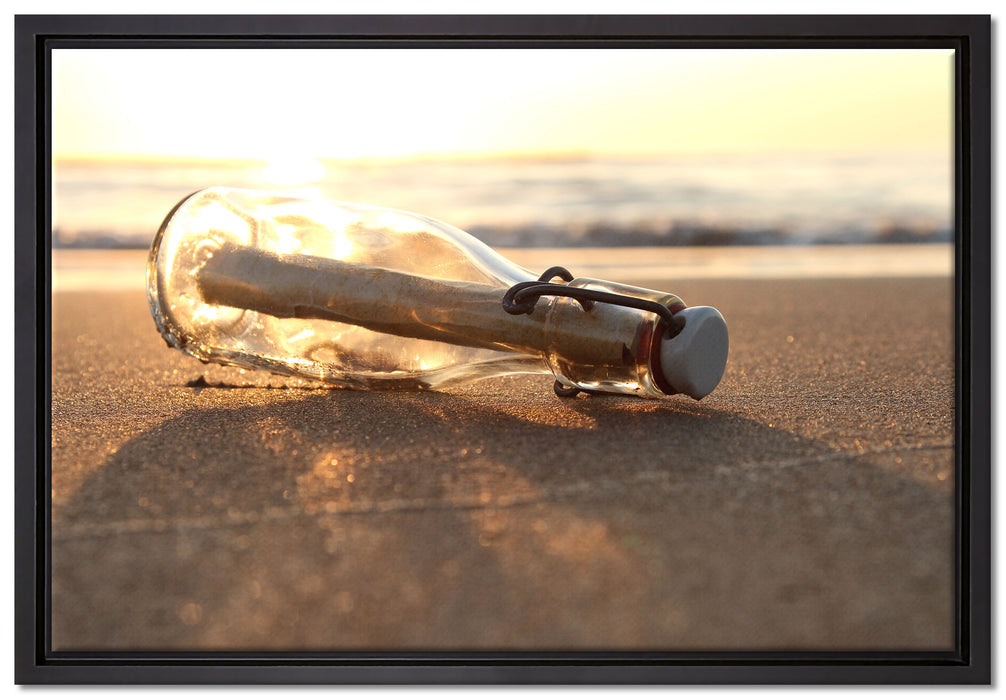 Flaschenpost am Strand auf Leinwandbild gerahmt Größe 60x40