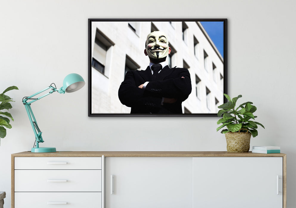 Anonymus Maske auf Leinwandbild gerahmt verschiedene Größen im Wohnzimmer