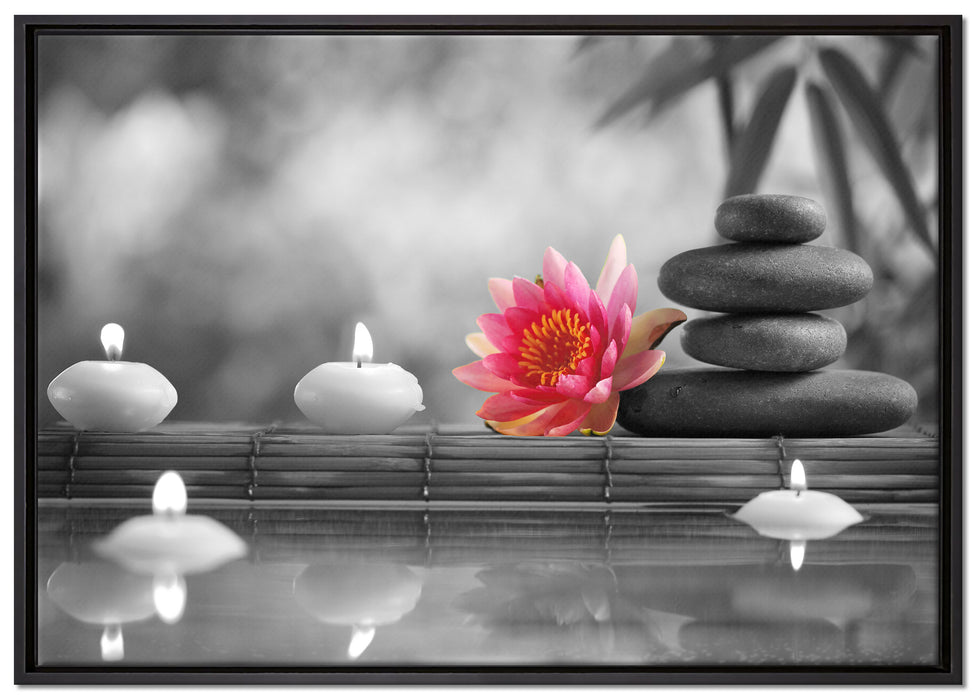 Seerose Zen Steine Kerzen auf Leinwandbild gerahmt Größe 100x70