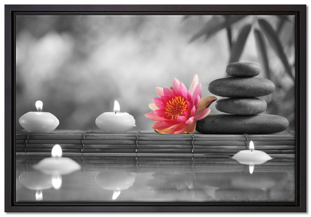Seerose Zen Steine Kerzen auf Leinwandbild gerahmt Größe 60x40