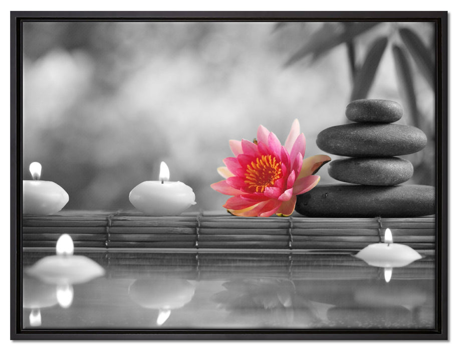 Seerose Zen Steine Kerzen auf Leinwandbild gerahmt Größe 80x60