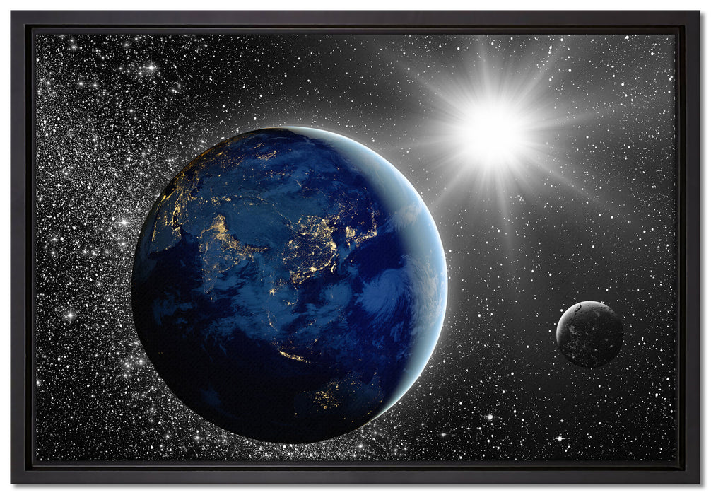 Erde mit Sonne im Weltall auf Leinwandbild gerahmt Größe 60x40