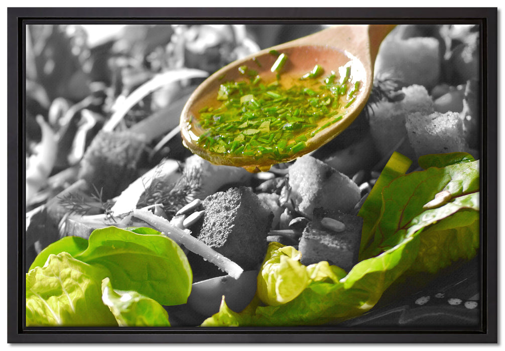 Knackiger Salat und Kräuter auf Leinwandbild gerahmt Größe 60x40