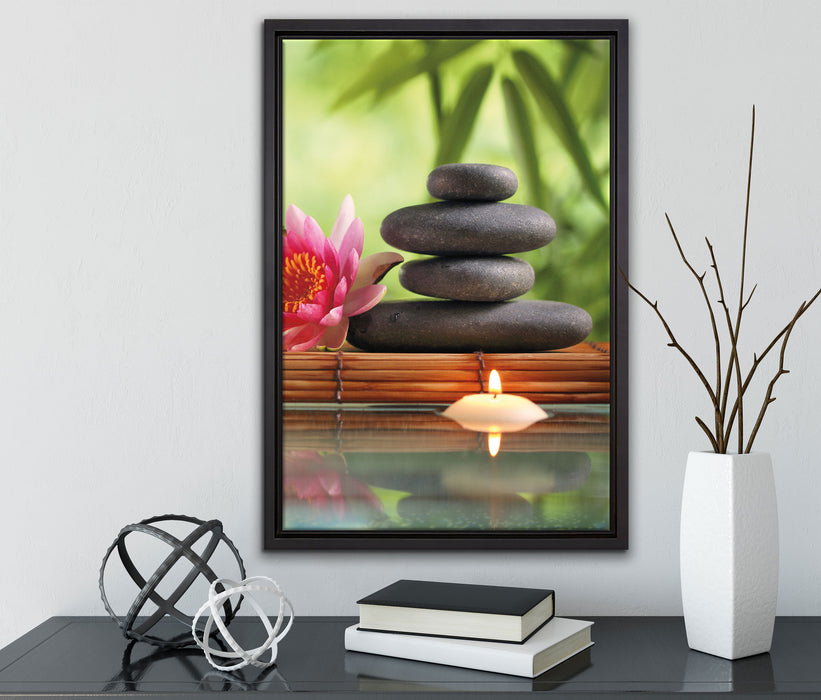 Seerose mit Zen Steinen und Kerzen auf Leinwandbild gerahmt mit Kirschblüten
