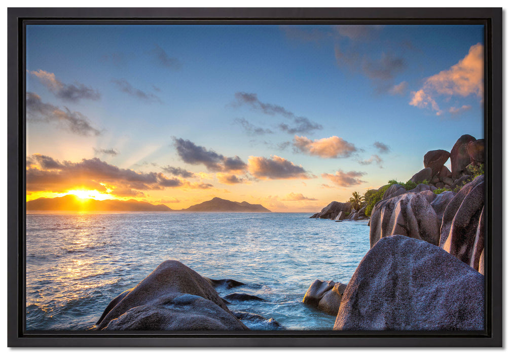 Sonnenuntergang Seychellen auf Leinwandbild gerahmt Größe 60x40