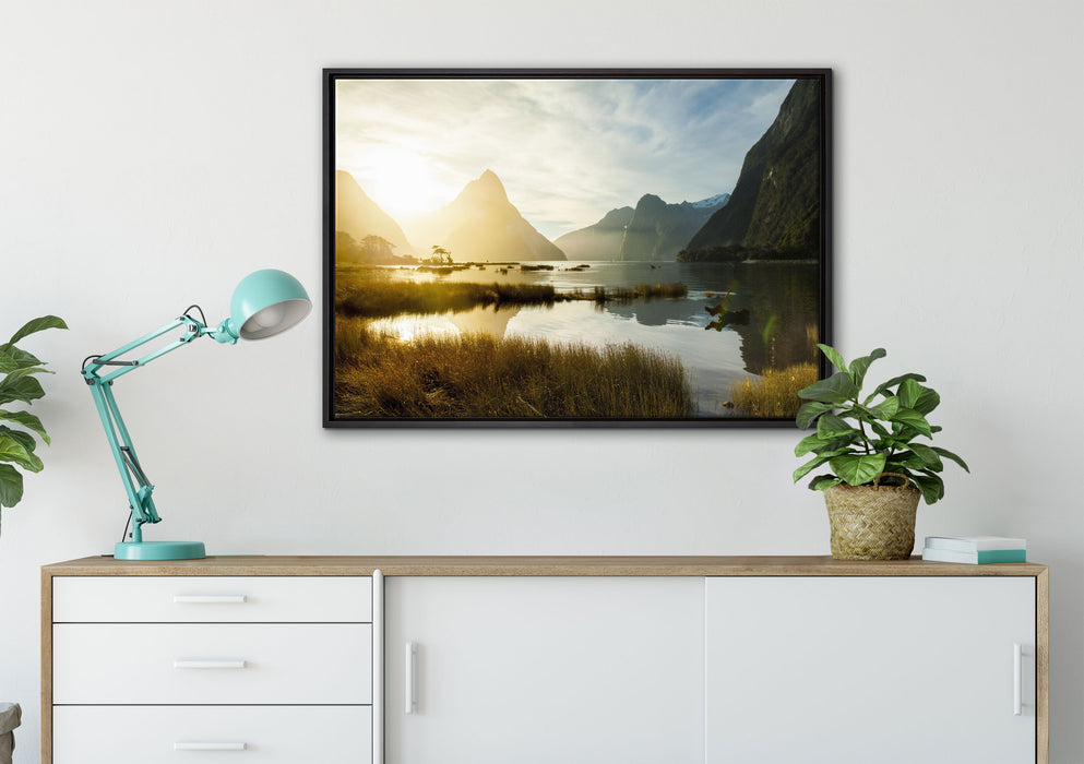 Milford Sound Neuseeland auf Leinwandbild gerahmt verschiedene Größen im Wohnzimmer
