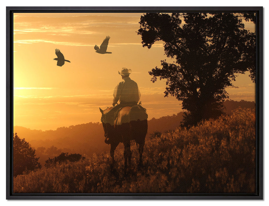 Ein Cowboy im Sonnenuntergang auf Leinwandbild gerahmt Größe 80x60