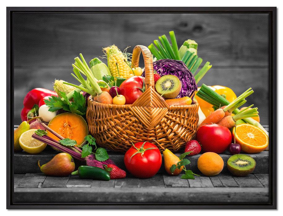 Frisches Obst und Gemüse im Korb auf Leinwandbild gerahmt Größe 80x60