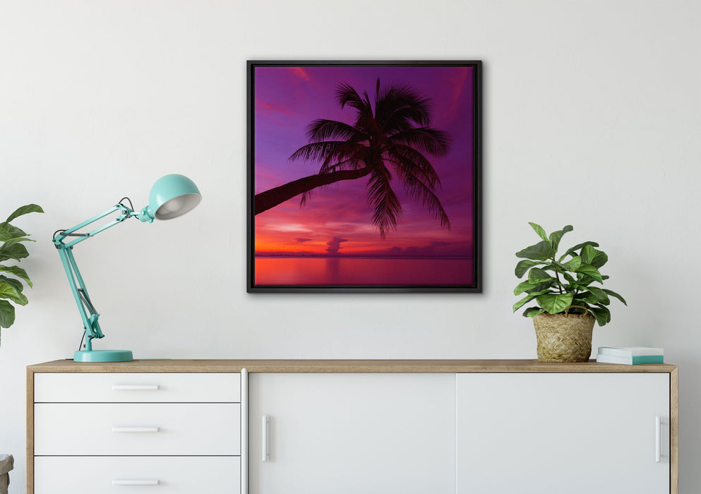 Palme am Meer mit Sonnenuntergang auf Leinwandbild gerahmt Quadratisch verschiedene Größen im Wohnzimmer