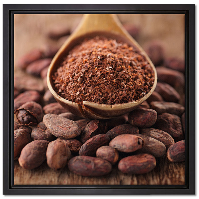 Kakaopulver und Kakaobohnen auf Leinwandbild Quadratisch gerahmt Größe 40x40
