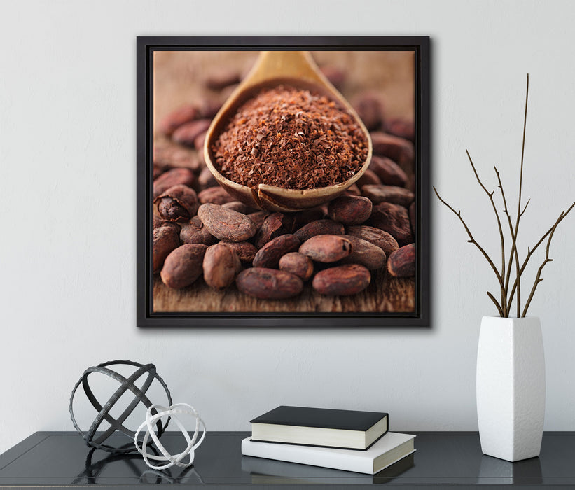 Kakaopulver und Kakaobohnen  auf Leinwandbild Quadratisch gerahmt mit Kirschblüten