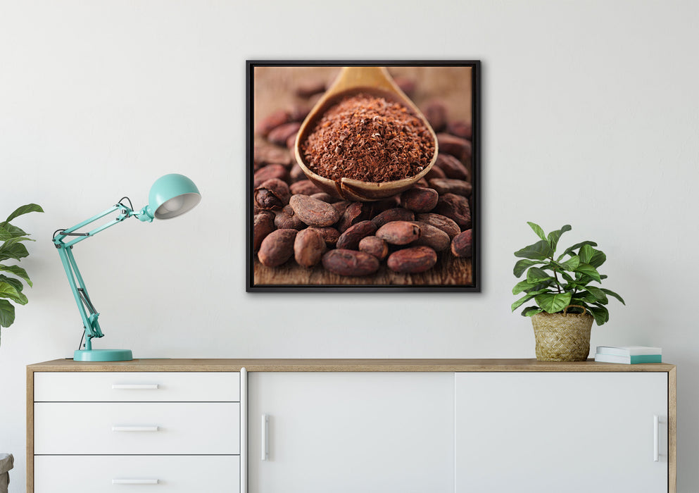 Kakaopulver und Kakaobohnen auf Leinwandbild gerahmt Quadratisch verschiedene Größen im Wohnzimmer
